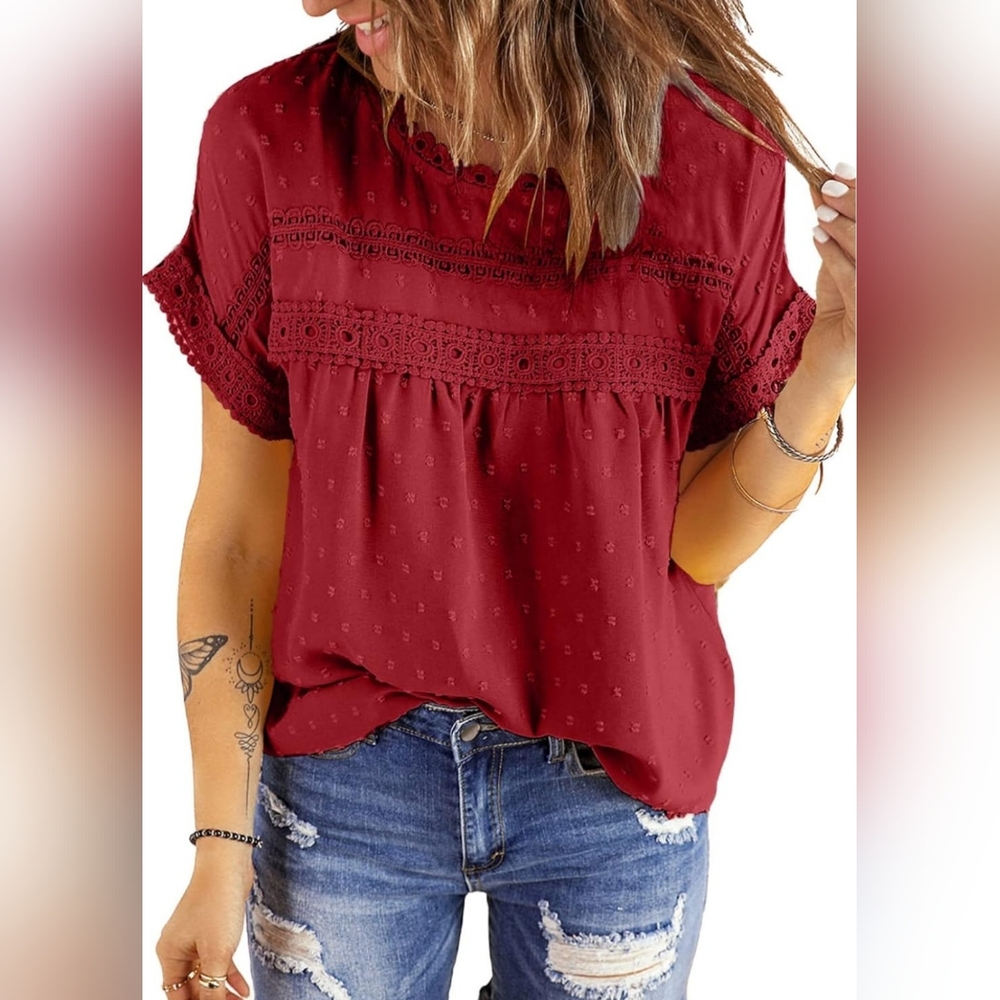 Women's Dokotoo Summer Crochet Short Sleeve Chiffon Blouse Size S Red